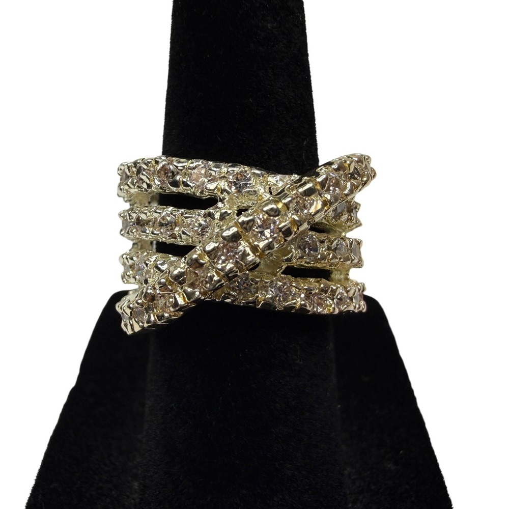 Sparkling Crisscross Band Statement Ring Gold Tone Clear Rhinestone Jewelry Sz 5